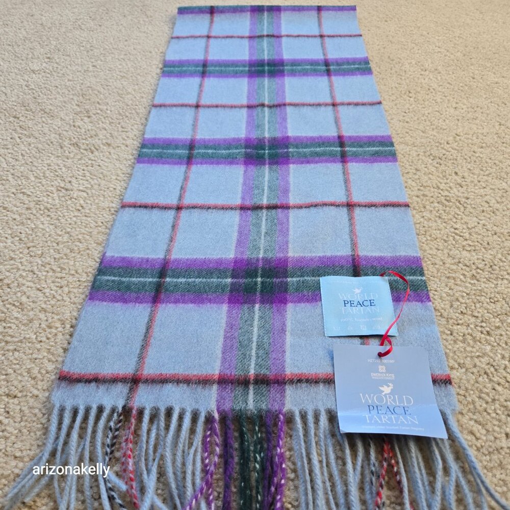 NWT Wool Scarf Plaid Tartan Blue Purple World Peace - Picture 6 of 9